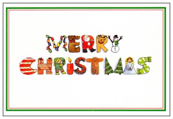 A merry christmas greeting card with colorful letters.