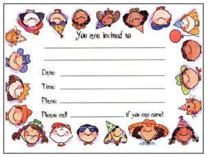 A party invitation with cartoon faces and children.