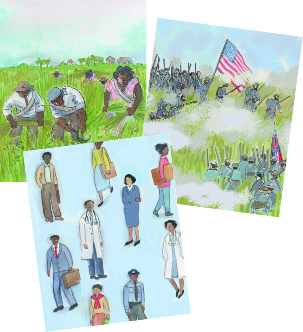 A set of illustrations of people in a field from **When Michelle Met The Queen**.