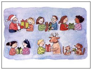 A group of children with christmas presents.