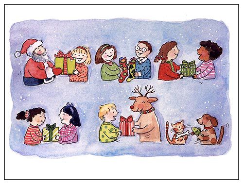 A Christmas card illustration of children giving gifts to Santa Claus.
