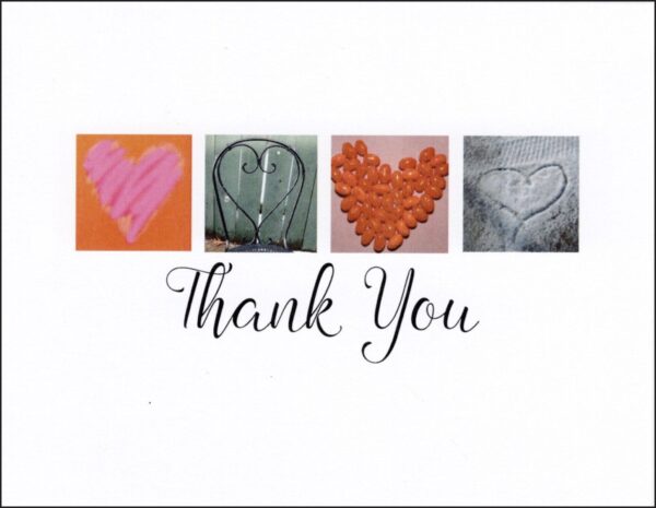A thank you card with four hearts in the middle.