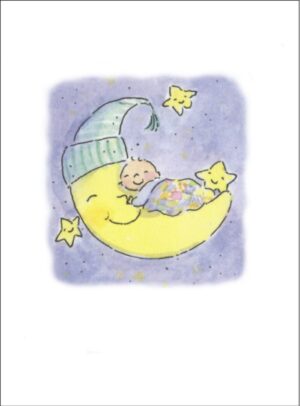 A baby sleeping on the moon with stars.