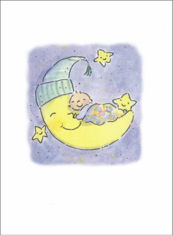 A baby sleeping on the moon with stars.