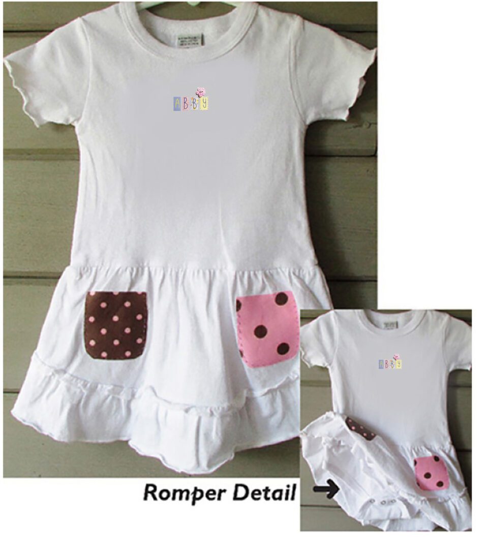 A white Personalized Dress - Short Sleeve With Rompers with polka dots and a pink pocket.
