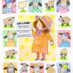 Illustration of a girl in an orange dress surrounded by sheep and lamb portraits, with a "Lost & Found" sign at the center.