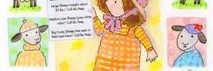 Illustration of a girl in an orange dress surrounded by sheep and lamb portraits, with a "Lost & Found" sign at the center.