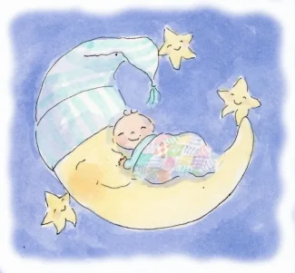 Drawing of the moon and stars with a baby sleeping