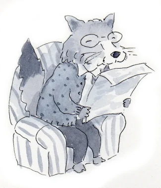 Black and white drawing of cat reading