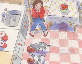 A girl sitting on the floor with two cats.