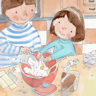 A girl and boy are making something in the kitchen.