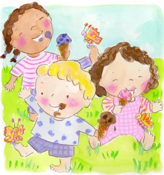 A group of children eating ice cream in the grass.