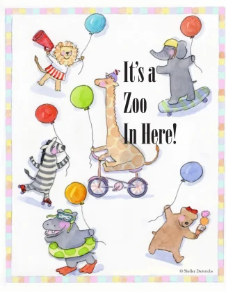 A poster of zoo animals with balloons and a monkey.