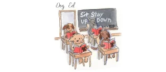 A cartoon of dogs reading books in front of a chalkboard.