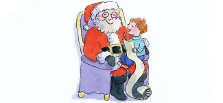 Drawing of young boy sitting on Santa lap with long list