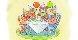 A group of people sitting around a table with cake.