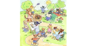 A group of cats that are sitting in the grass.