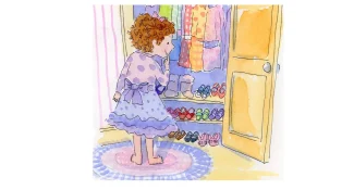 A child is looking in the mirror at shoes.
