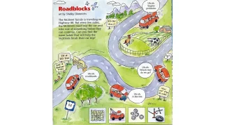 A cartoon of a road with many vehicles on it