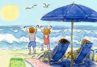 A couple of kids standing on top of a beach.