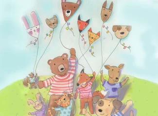 A group of bears flying kites with dogs.