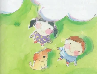 A group of children and a dog in the grass.